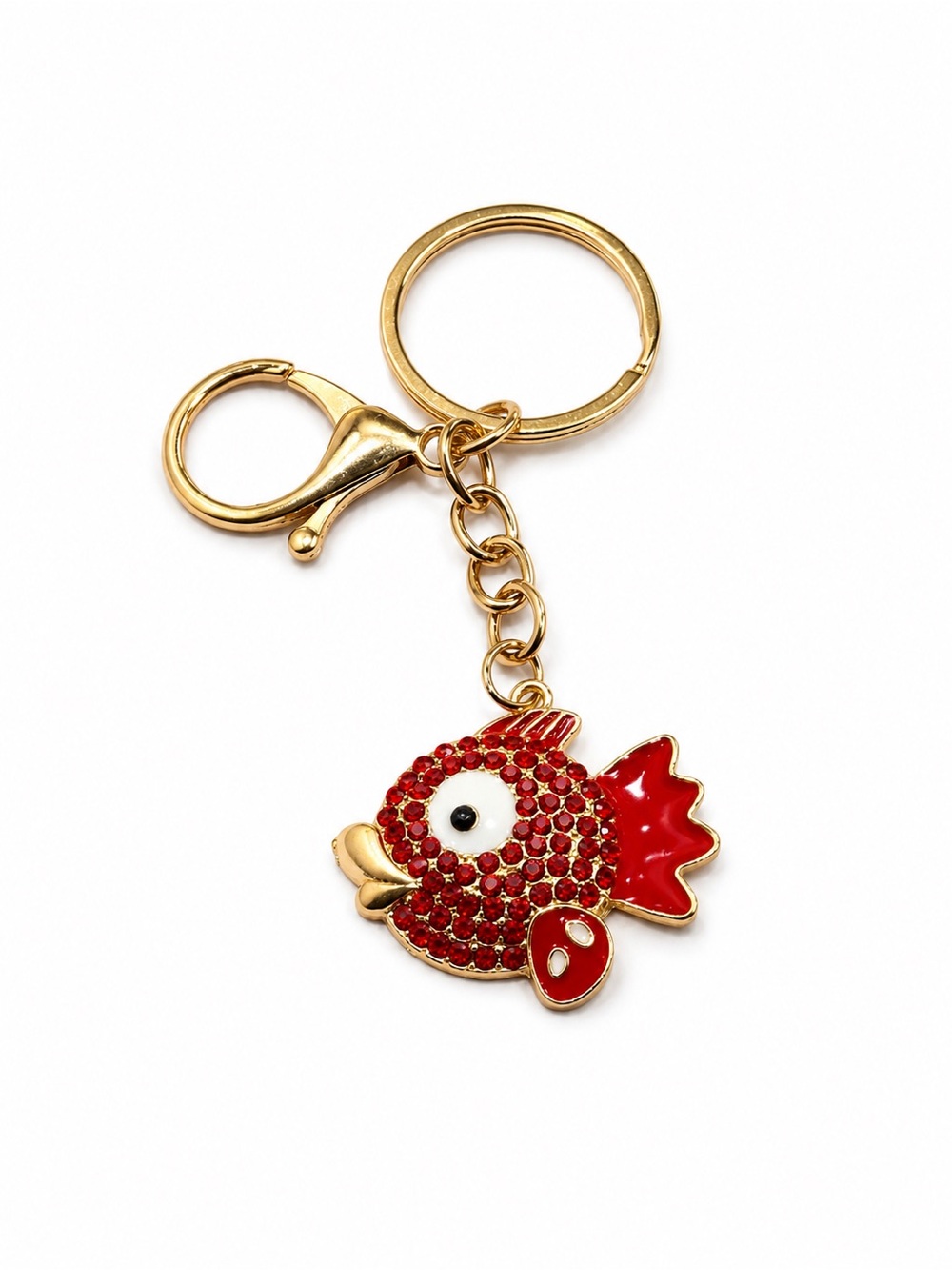 Gold Fish Keychain Charm with Red Enamel and Rhinestones